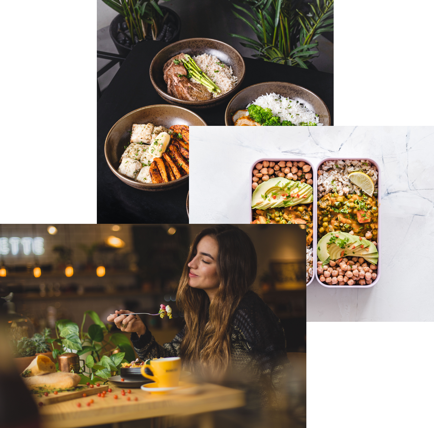 A women enjoying food, meals in storge container, and food blows on the table